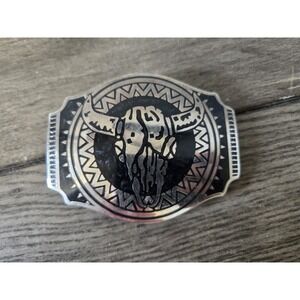 Vintage Award Design Medals Pewter Steer Skull Belt Buckle Black Enamel Western